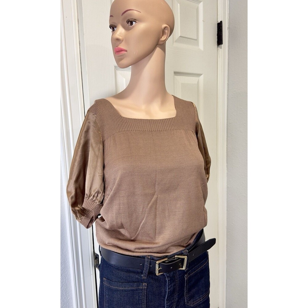 NWT BCBGMAXAZRIA Silk Blend Knit Top M Square Neck Puff Sleeve Taupe